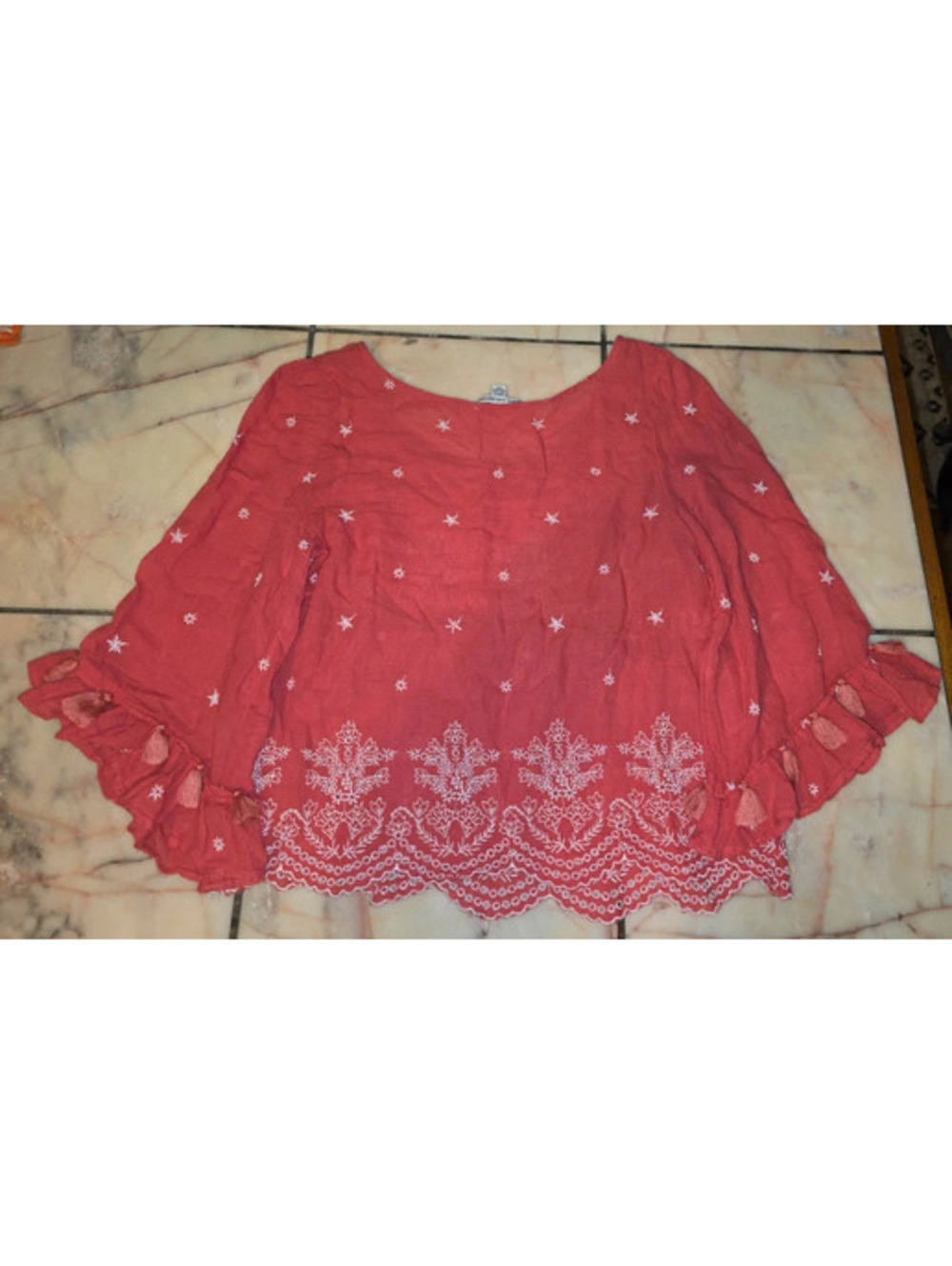 American Eagle Coral Embroidered Peplum Top | Boho Bell Sleeve Tassel Blouse